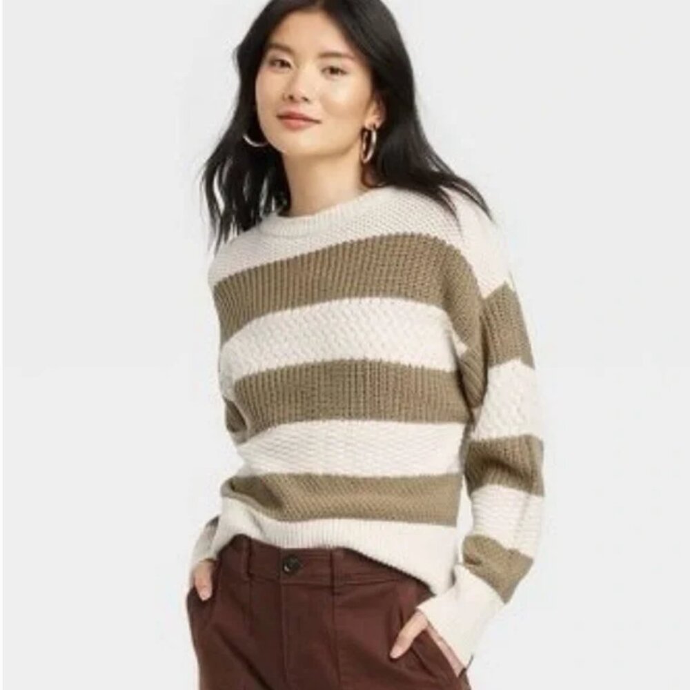 A New Day Striped Knit Crewneck Pullover Sweater - Cream and Green size medium